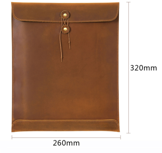 Document folder in warm brown genuine leather with a smooth finish, stitched edges and a string-and-button closure; Premium Genuine Top Grain Leather