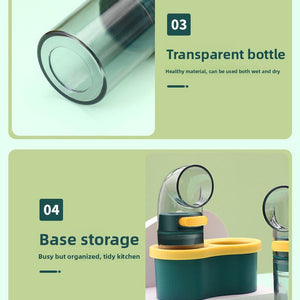 Quantitative Salt & Spice Dispenser Set with clear cylindrical bottle and dark green storage base, shown with yellow trim