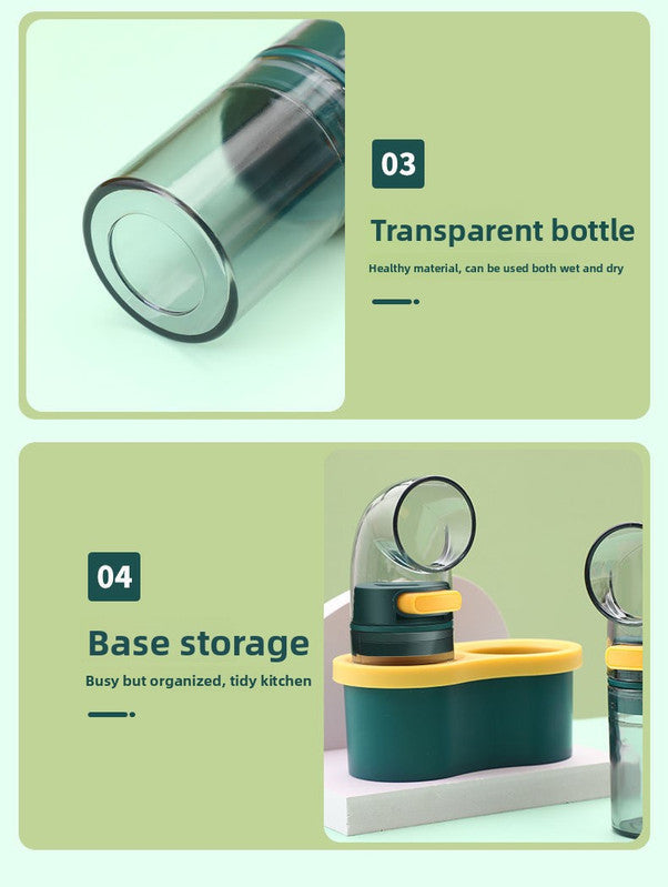 Quantitative Salt & Spice Dispenser Set with clear cylindrical bottle and dark green storage base, shown with yellow trim