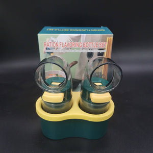 Quantitative Salt & Spice Dispenser Set with two clear seasoning bottles, dark green bodies, yellow buttons and matching base