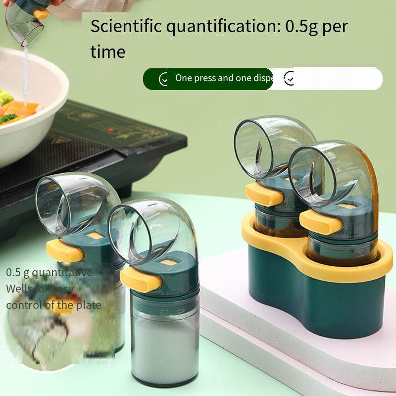 Quantitative Salt & Spice Dispenser Set with dark green bases, clear bottles, and yellow push buttons for measured seasoning