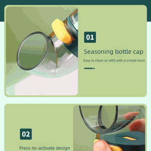 Quantitative Salt & Spice Dispenser Set with a dark green bottle, clear body, yellow press button and twist-off cap