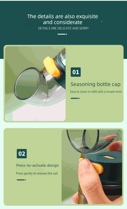 Quantitative Salt & Spice Dispenser Set with a dark green bottle, clear body, yellow press button and twist-off cap