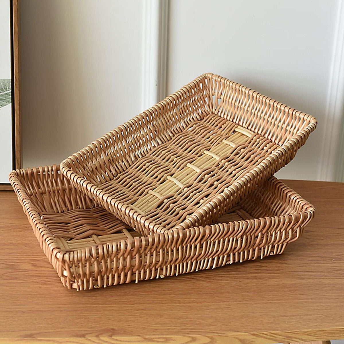 Rattan Storage Basket set of two natural woven rectangular baskets with raised sides and sturdy braided rims