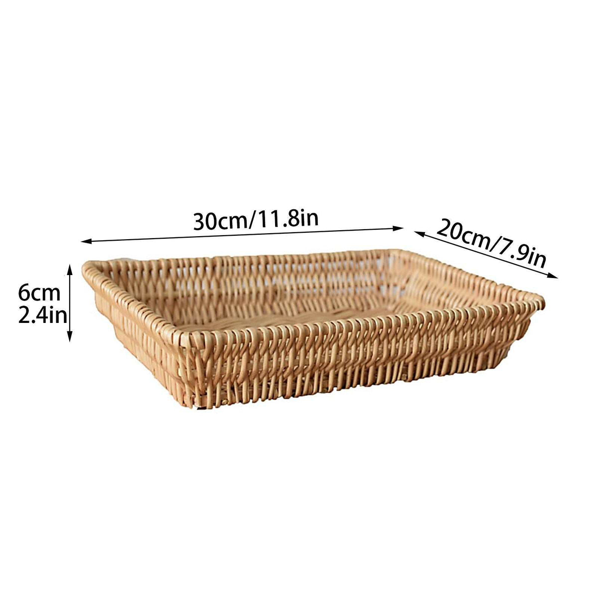 Rattan Storage Basket in natural woven rattan, with a shallow rectangular shape and rounded woven rim