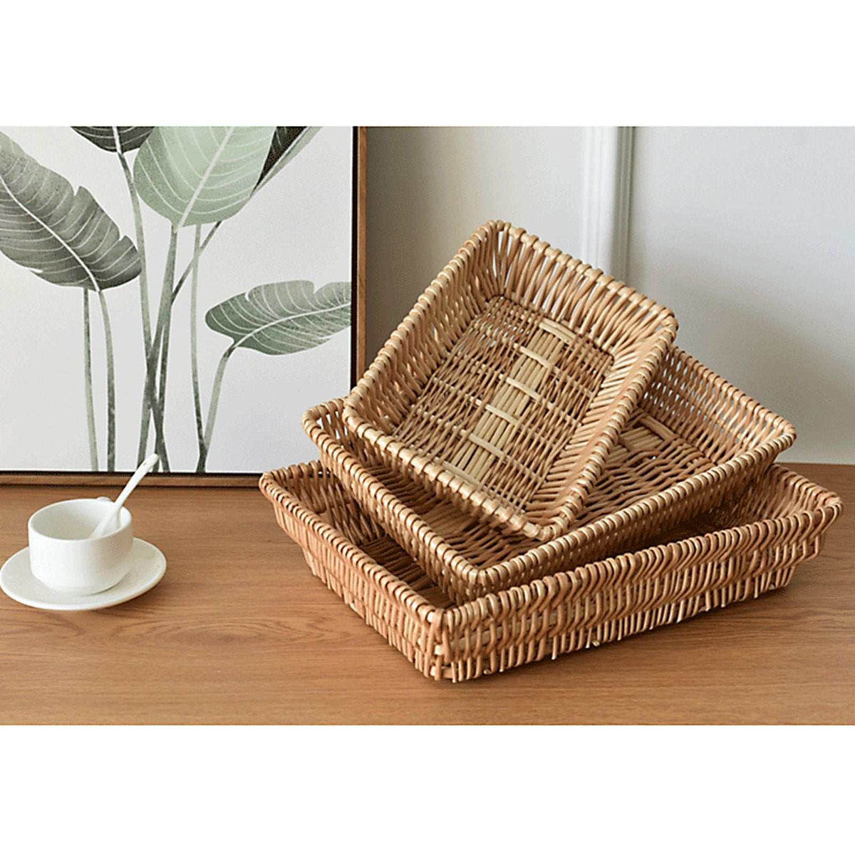 Rattan Storage Basket set of three natural woven rectangular trays, nested and stackable with sturdy braided rims