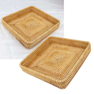 Rattan Tray Tabletop Organization in golden natural rattan, with square woven bases, raised sides, and rounded corners.