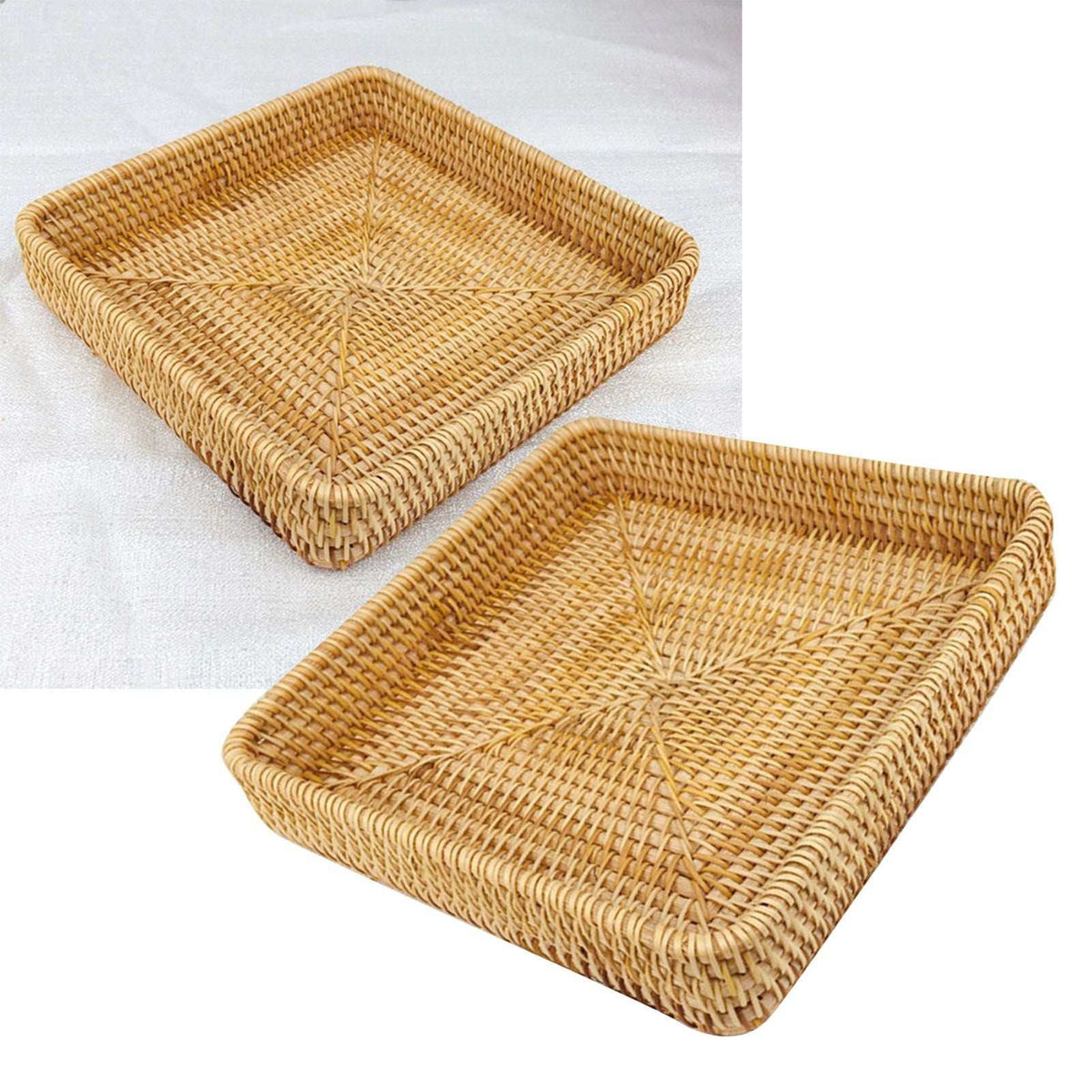 Rattan Tray Tabletop Organization in golden natural rattan, with square woven bases, raised sides, and rounded corners.