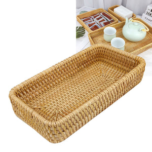 Rattan Tray Tabletop Organization in golden natural rattan, hand-woven with a shallow rectangular shape and raised rounded edges