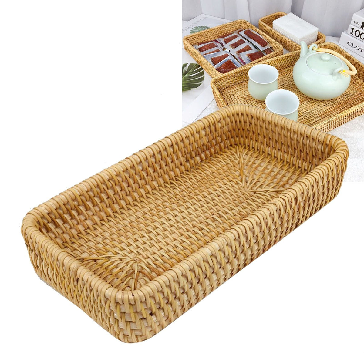 Rattan Tray Tabletop Organization in golden natural rattan, hand-woven with a shallow rectangular shape and raised rounded edges