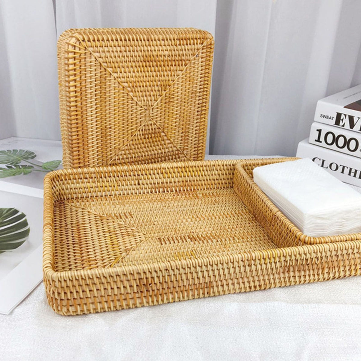 Rattan Tray Tabletop Organization featuring a honey-gold hand-woven rectangular tray with raised sides and matching lid