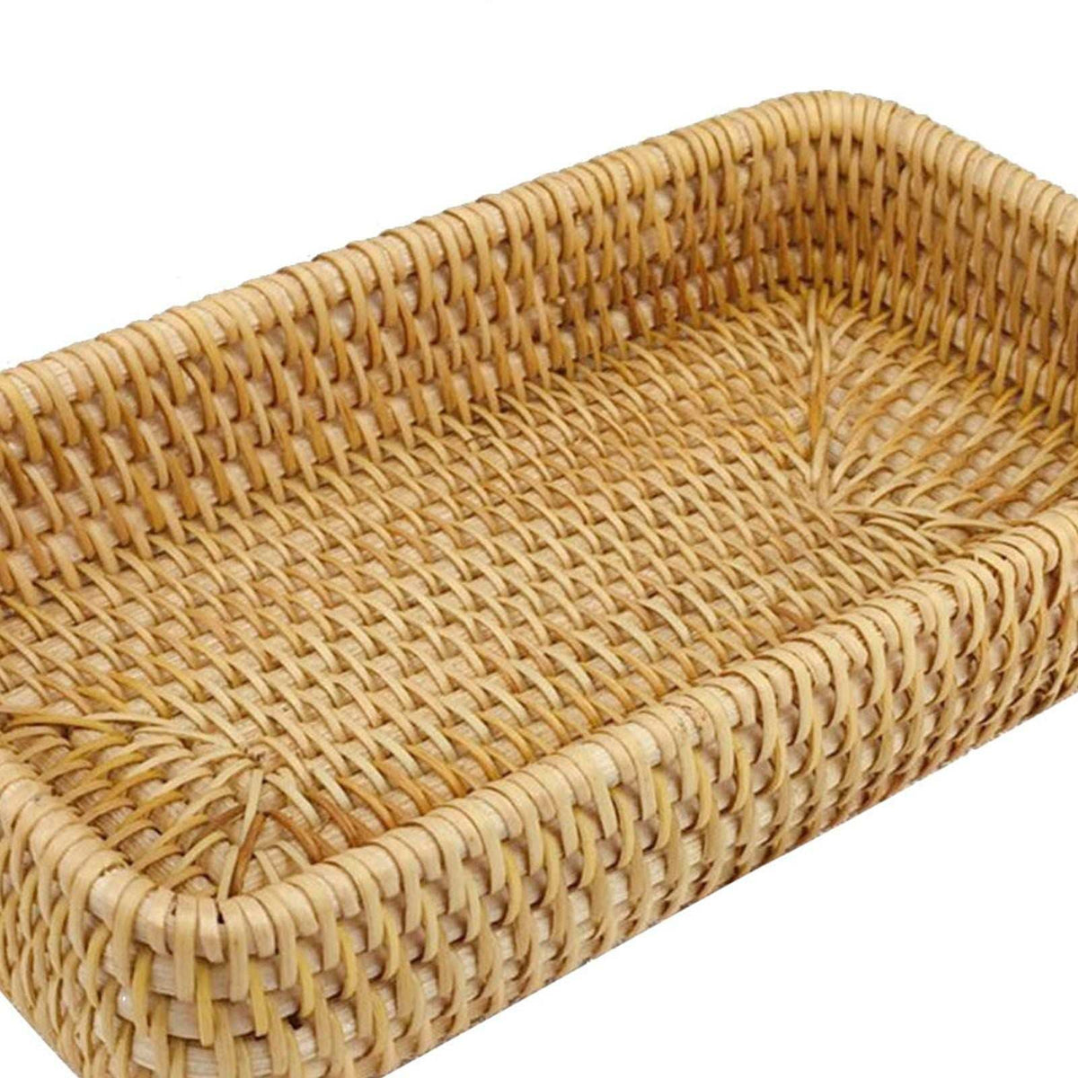 Rattan Tray Tabletop Organization in natural golden-brown rattan, hand-woven with a rectangular shape and raised edges