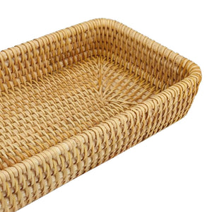 Rattan Tray Tabletop Organization, a natural tan hand-woven rectangular tray with raised sides and an open weave