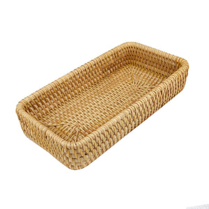 Rattan Tray Tabletop Organization, a natural honey-brown hand-woven rectangular tray with raised sides and a tight wicker pattern.