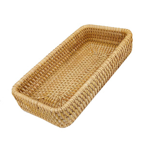 Rattan Tray Tabletop Organization in natural tan woven rattan, a rectangular basket tray with raised braided sides