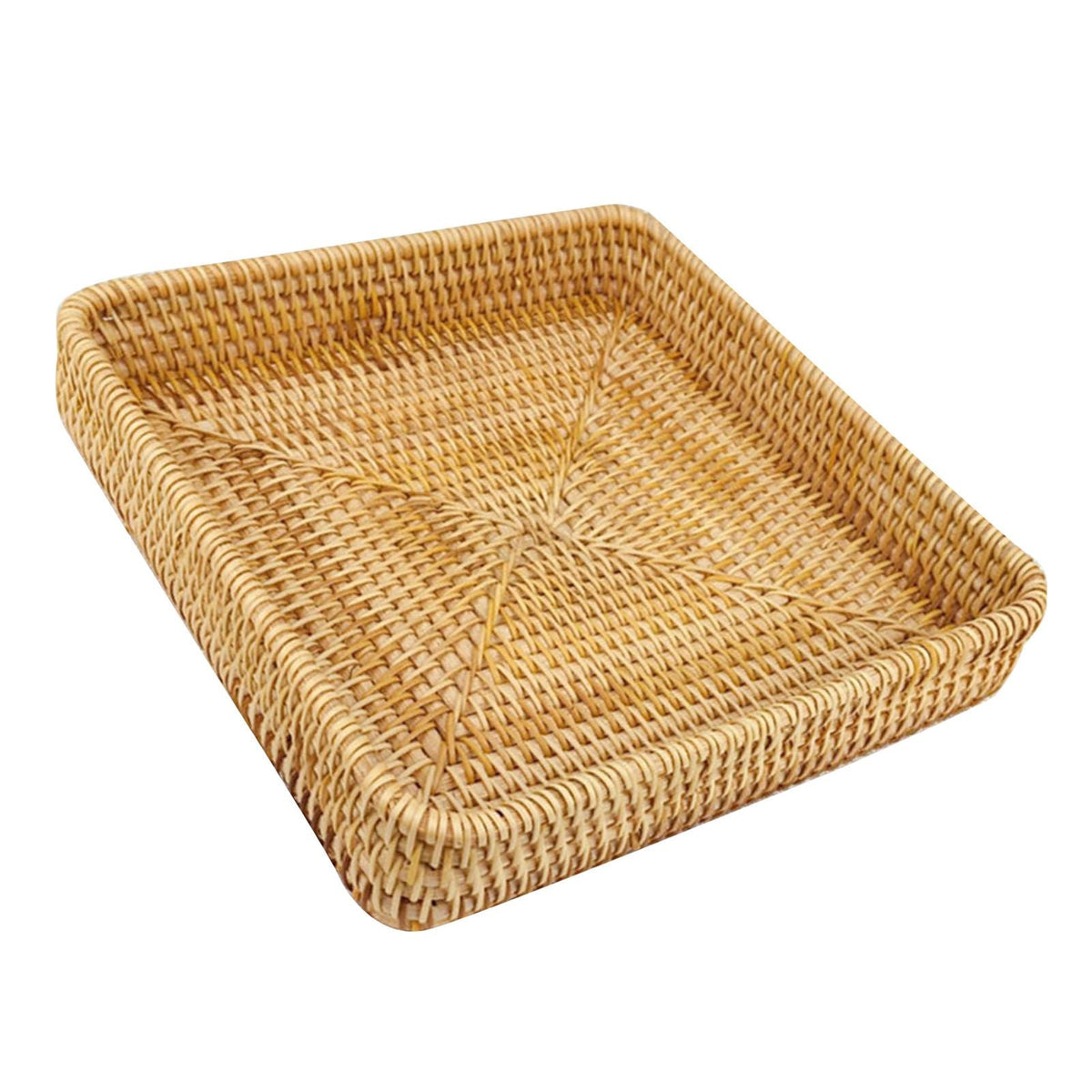 Rattan Tray Tabletop Organization: natural golden-brown hand-woven rectangular tray with raised sides and a patterned base