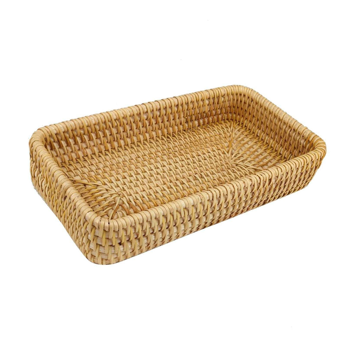 Rattan Tray Tabletop Organization in natural tan, hand-woven rattan with a low rectangular shape and raised sides