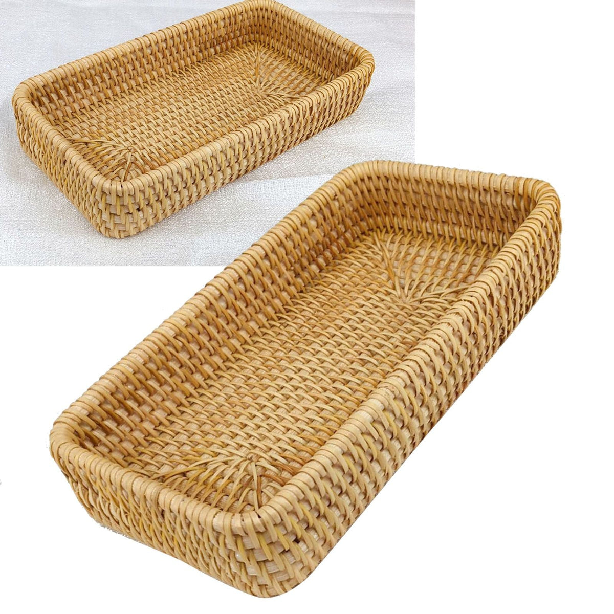 Rattan Tray Tabletop Organization in natural golden-brown hand-woven rattan, with a shallow rectangular shape and raised sides