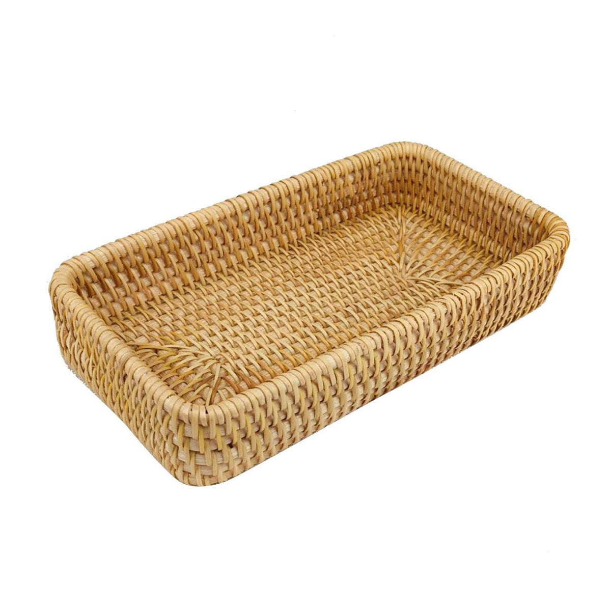 Rattan Tray Tabletop Organization in natural tan woven rattan, rectangular with raised braided sides and an open top