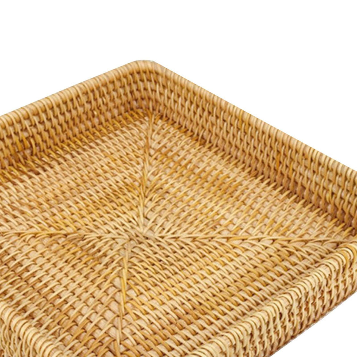 Woven rattan tray in natural golden brown, with a square shape, raised sides and tightly braided texture; Rattan Tray Tabletop Organization