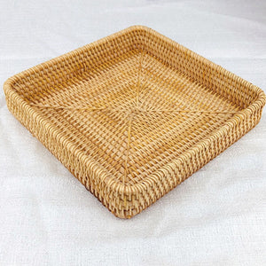 Rattan Tray Tabletop Organization, square natural tan woven rattan tray with raised sides and a tightly braided rim