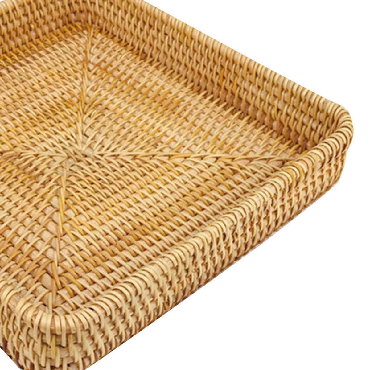 Rattan Tray Tabletop Organization, natural tan hand-woven rattan tray with a square shape and raised rounded edges