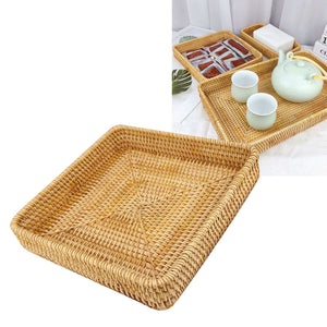 Rattan Tray Tabletop Organization woven natural golden-brown rattan tray with a rectangular shape and raised braided edges