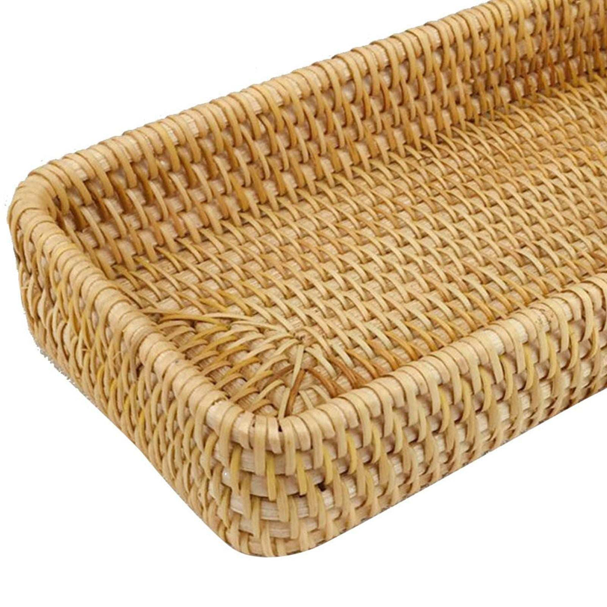Woven rattan tray in natural golden-brown tones, featuring a rectangular shape, raised sides, and rounded corners; Rattan Tray Tabletop Organization