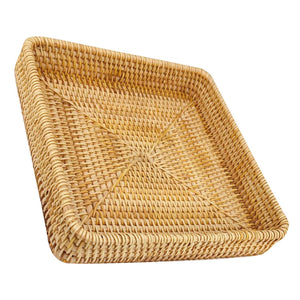 Woven rattan serving tray in natural golden-brown tones, with a square shape, raised sides, and intricate weave; Rattan Tray Tabletop Organization