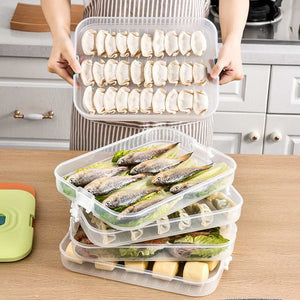 Refrigerator Food Shelf storage boxes with clear stackable plastic layers holding dumplings, fish and other foods