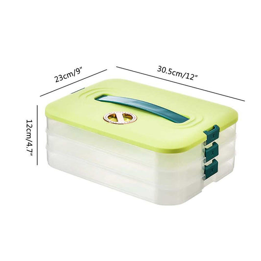 Refrigerator Food Shelf storage box with three clear stackable layers, lime green lid, teal handle and side clips