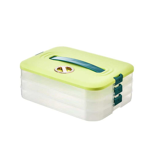 Refrigerator Food Shelf storage box with three clear stackable plastic layers, lime green lid, timer dial and side clips