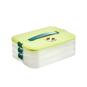 Refrigerator Food Shelf is a three-layer clear plastic food storage container with a lime green lid and teal buckles