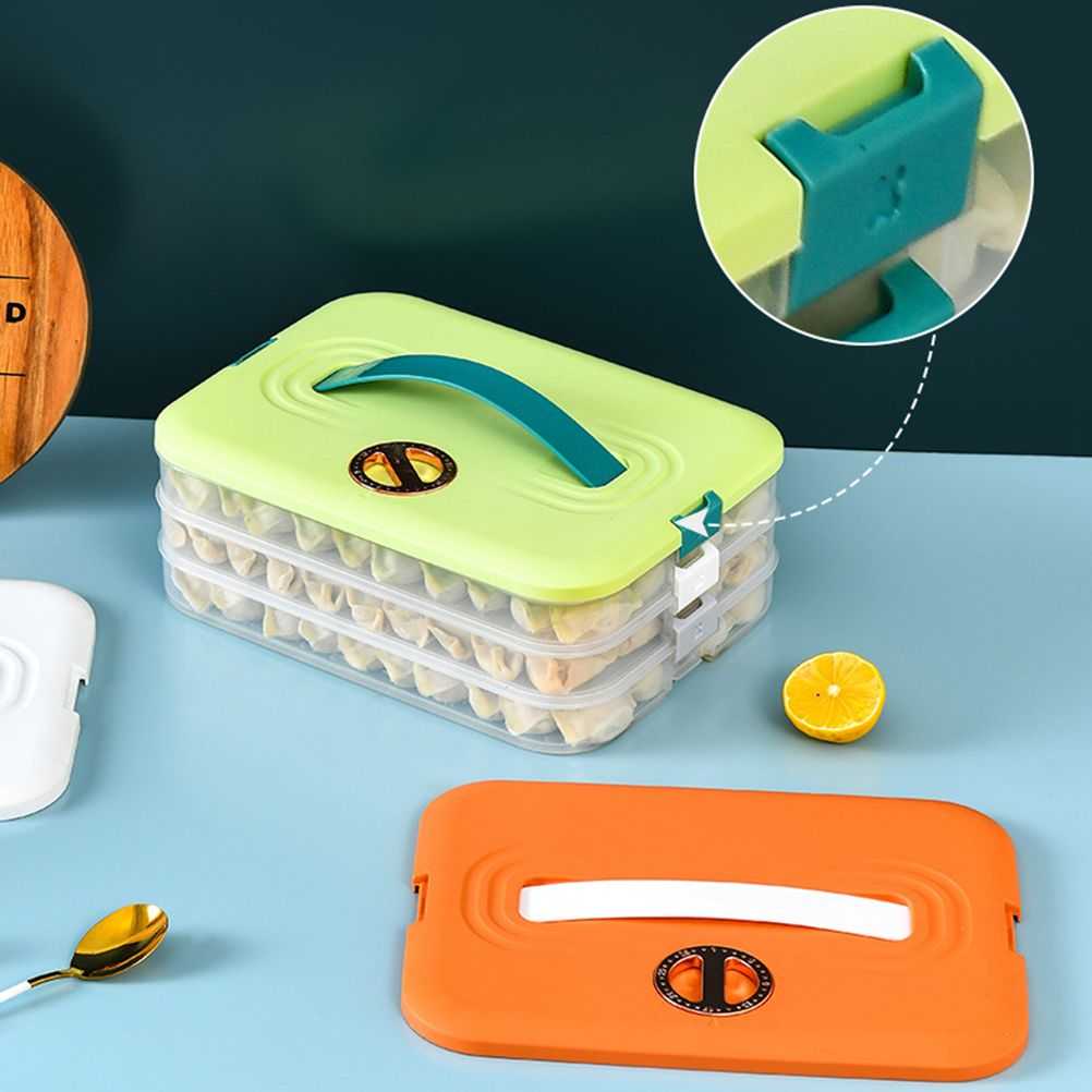 Refrigerator Food Shelf three-layer clear plastic food container with lime green and orange lids, handle and buckle