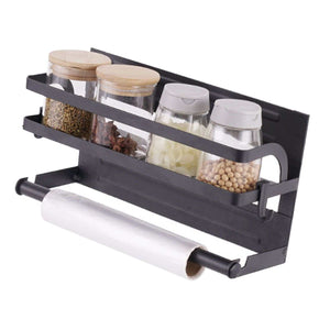 Refrigerator Magnetic Storage Shelf in black metal with a single spice rack, four clear jars and a paper towel holder