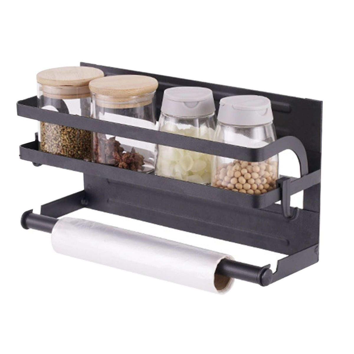 Refrigerator Magnetic Storage Shelf in matte black metal, single-tier rack with clear spice jars and a paper roll holder