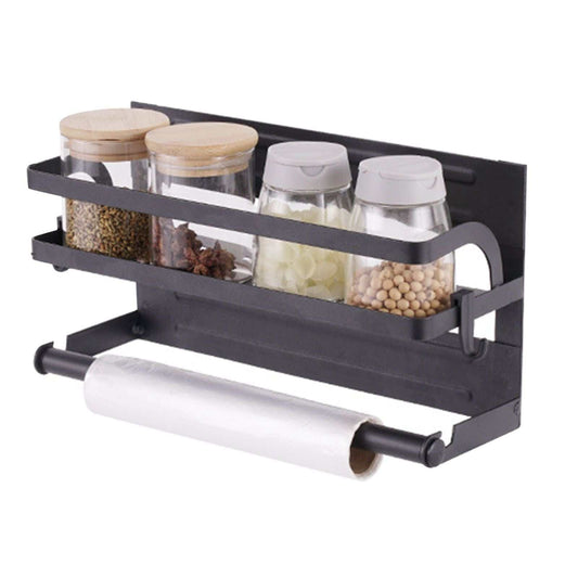 Refrigerator Magnetic Storage Shelf in matte black metal, single-tier rack with clear spice jars and a paper roll holder
