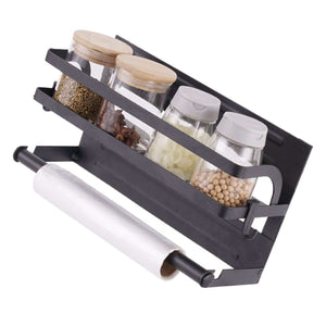 Refrigerator Magnetic Storage Shelf in black metal, single-tier rack holding clear spice jars with a front paper towel rail
