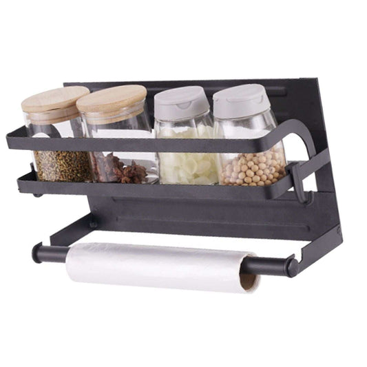 Refrigerator Magnetic Storage Shelf in dark metal with a single spice rack, jars and a paper towel holder