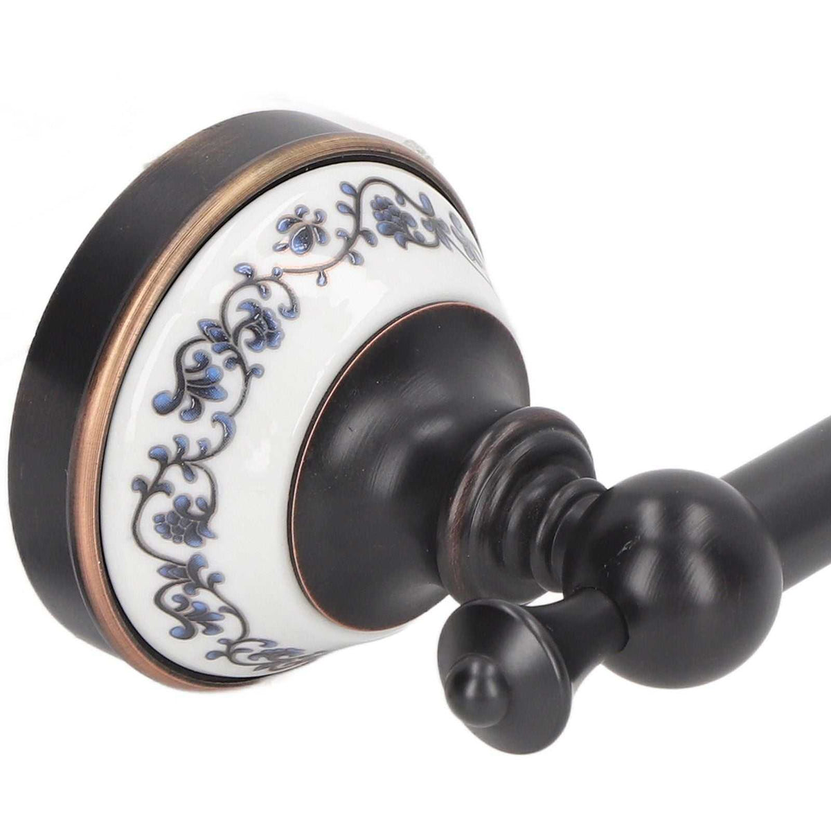 Retro Copper Bathroom towel bar wall mount with dark bronze metal and white porcelain featuring blue floral patterns