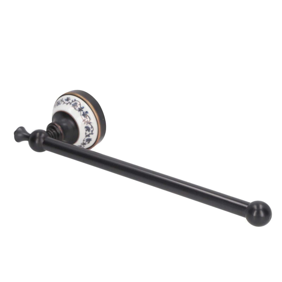 Towel bar for Retro Copper Bathroom with a dark bronze metal rod and round white porcelain mounts decorated in blue floral patterns.