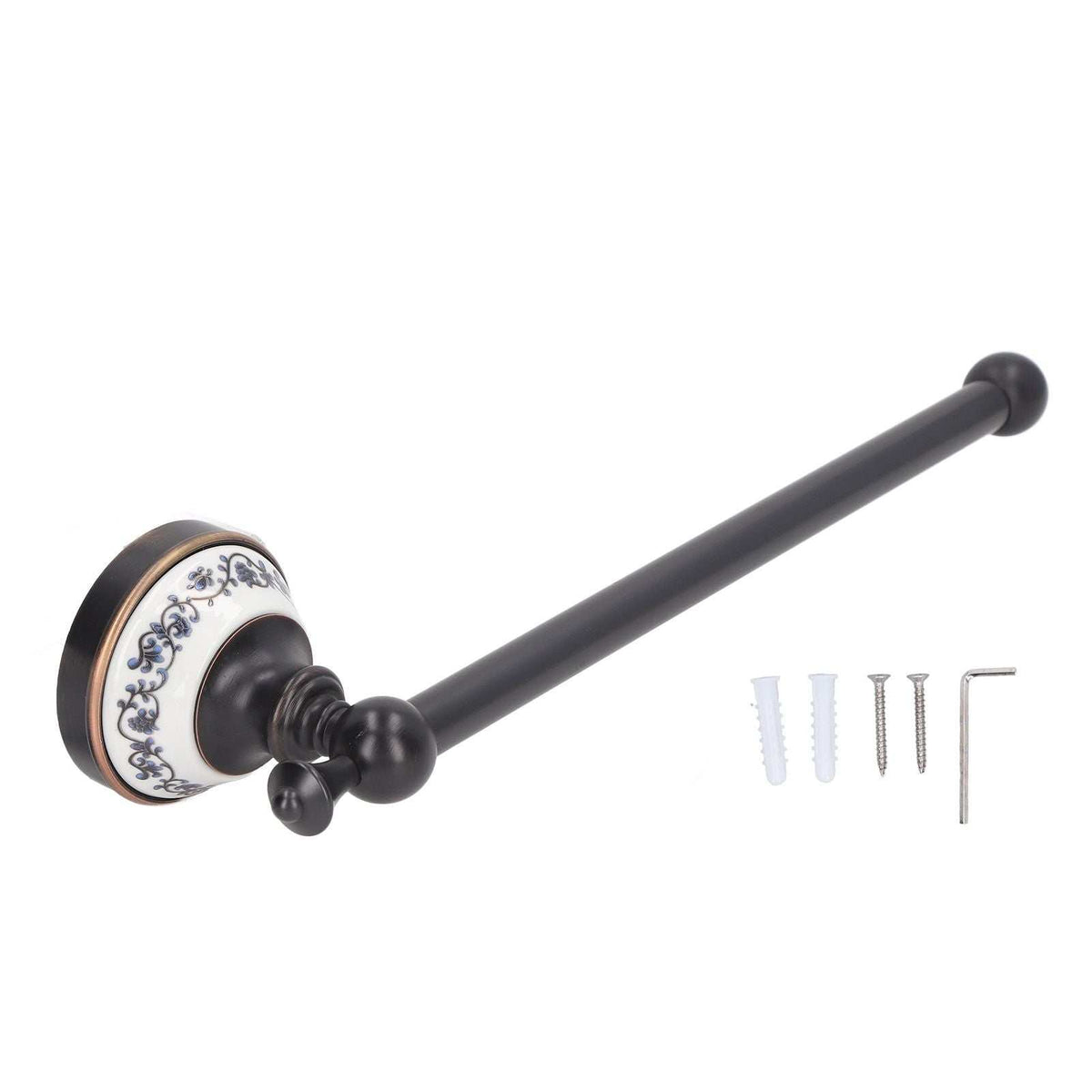 Retro Copper Bathroom towel bar in dark bronze with blue and white porcelain detailing and rounded end caps