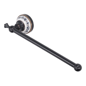 Single towel bar, Retro Copper Bathroom style with a dark bronze metal rod and blue floral porcelain wall mount.