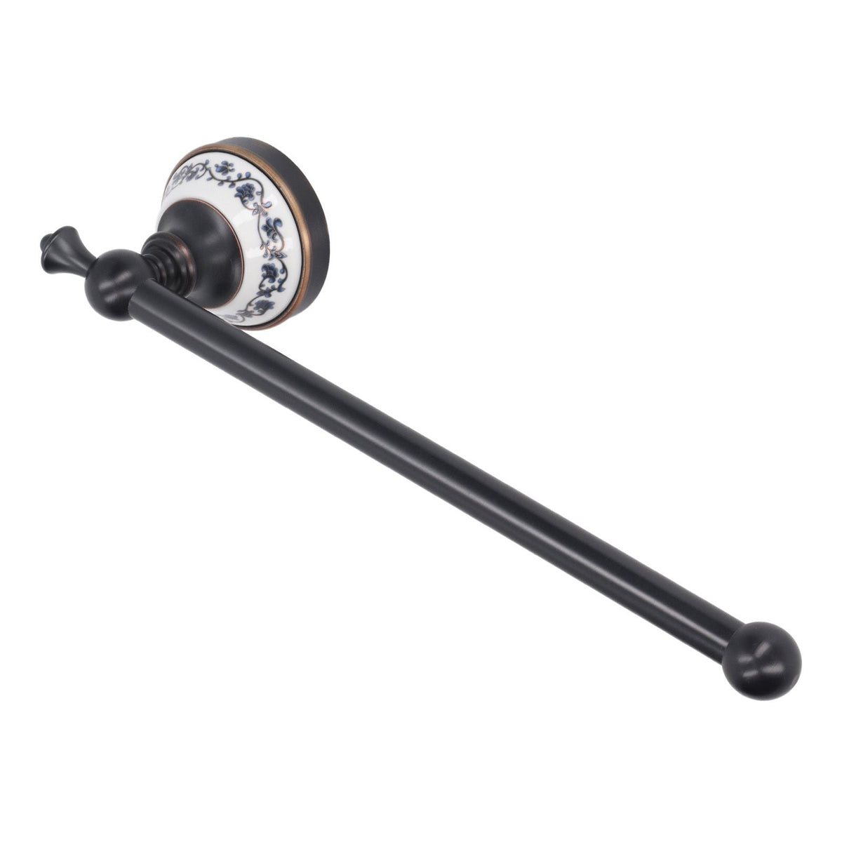 Single towel bar, Retro Copper Bathroom style with a dark bronze metal rod and blue floral porcelain wall mount.