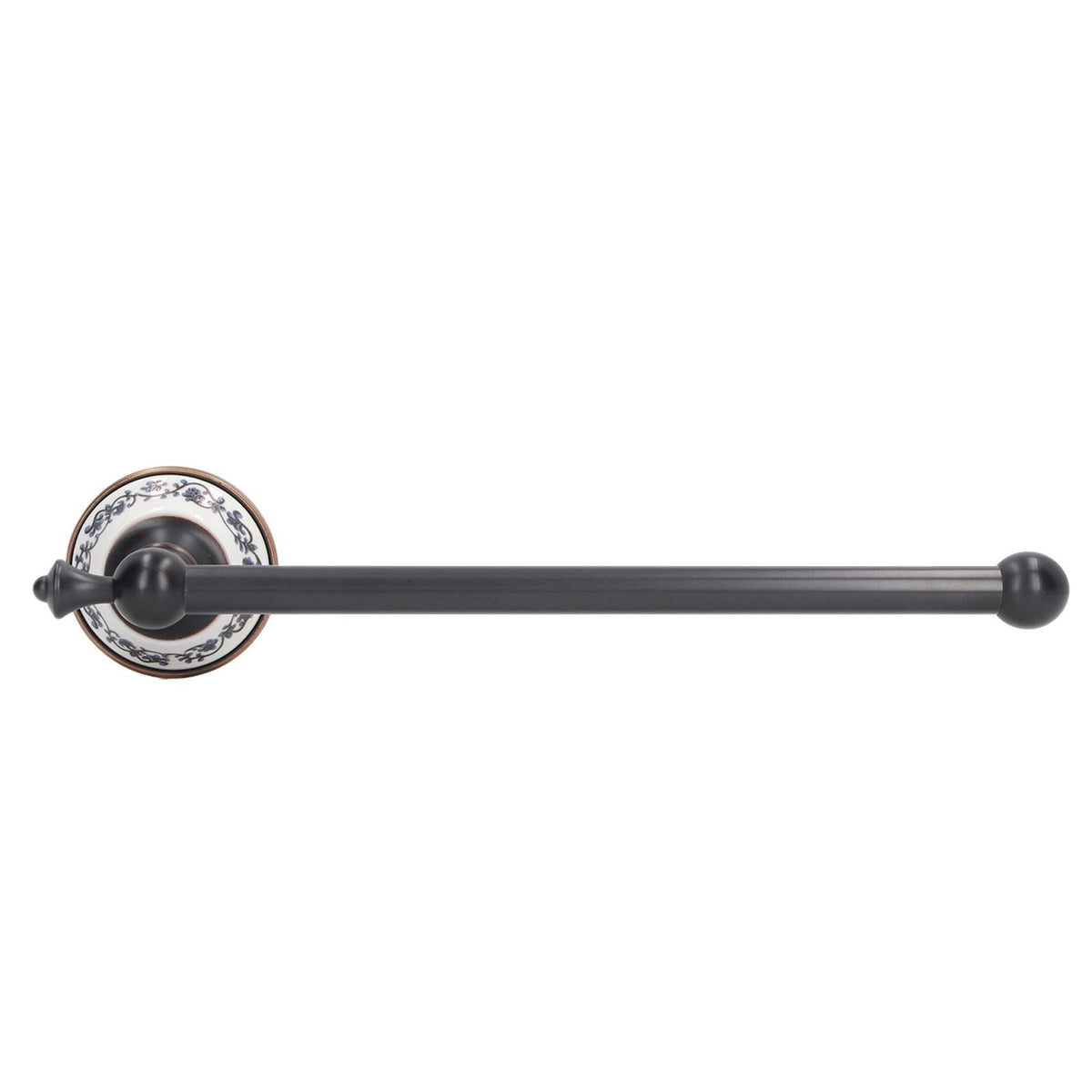 Wall-mounted towel bar in dark bronze metal with a blue and white porcelain round backplate and rounded end; Retro Copper Bathroom style.