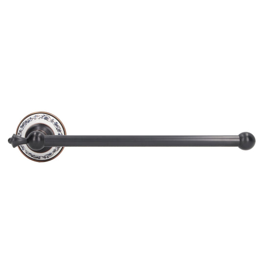 Wall-mounted towel bar in dark bronze metal with a blue and white porcelain round backplate and rounded end; Retro Copper Bathroom style.
