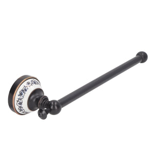 Retro Copper Bathroom towel bar in dark bronze-toned metal with a white porcelain wall mount decorated in blue floral patterns