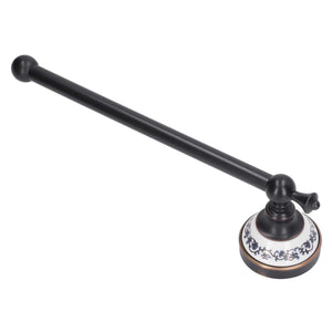 Towel bar in dark bronze metal with a white porcelain mount decorated in blue floral scrollwork, Retro Copper Bathroom style