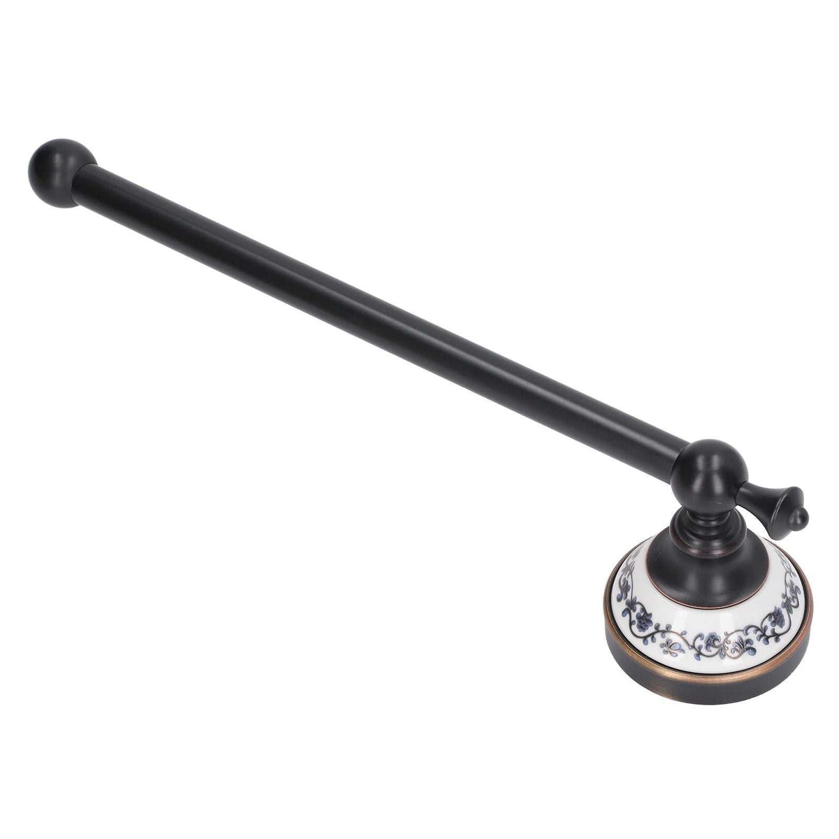 Towel bar in dark bronze metal with a white porcelain mount decorated in blue floral scrollwork, Retro Copper Bathroom style