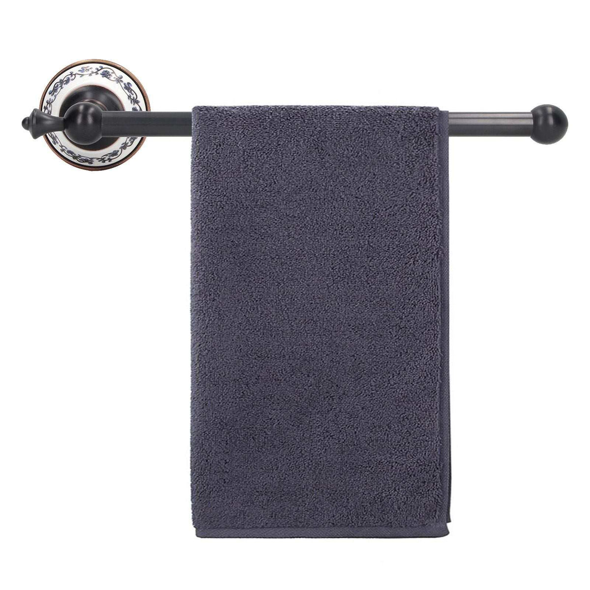 Retro Copper Bathroom towel bar with a dark bronze rod, blue and white porcelain mounting plate and charcoal towel
